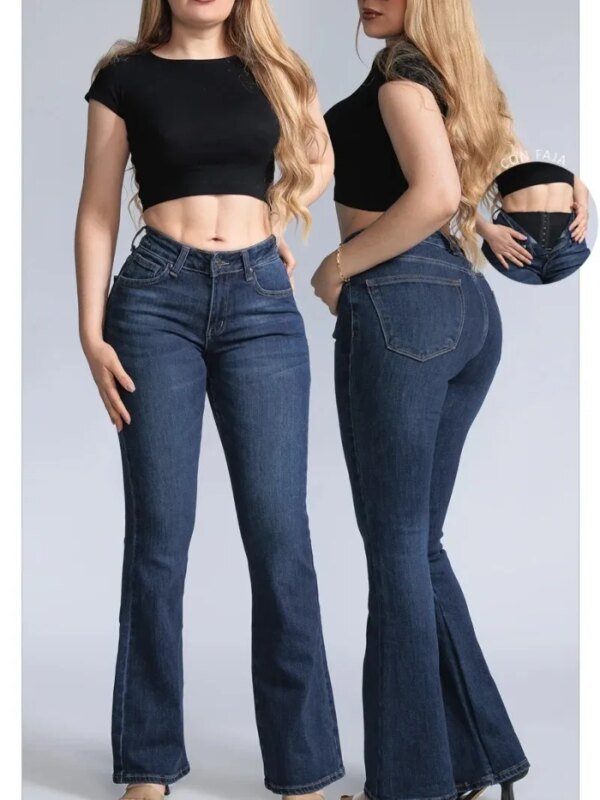 Pantalon Acampanado Media Campana de Mezclilla con Faja para Mujer