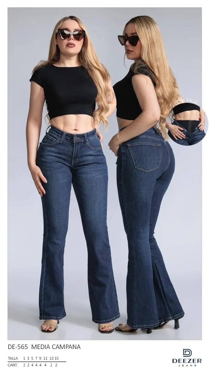 Pantalon Acampanado Media Campana de Mezclilla con Faja para Mujer