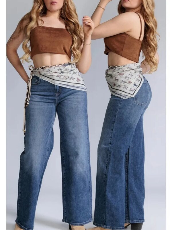 Pantalon Wide Leg de Mezclilla con Cinto Pañuelo para Mujer