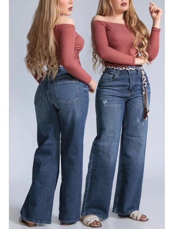 Pantalón Wide Leg de Mezclilla con Cinto Trenzado para Mujer