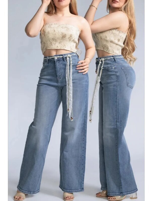 Pantalon Wide Leg de Mezclilla con Cinto Decorativo para Mujer