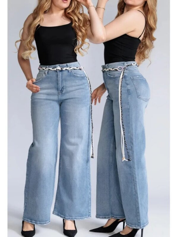 Pantalon Straight Leg de Mezclilla Clara con Cinto para Mujer