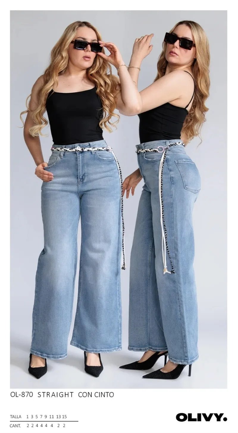Pantalon Straight Leg de Mezclilla Clara con Cinto para Mujer