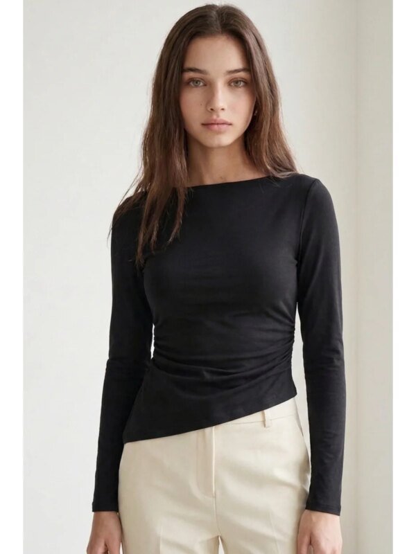 Blusa Manga Larga con Cuello Bote y Fruncido Lateral para Mujer