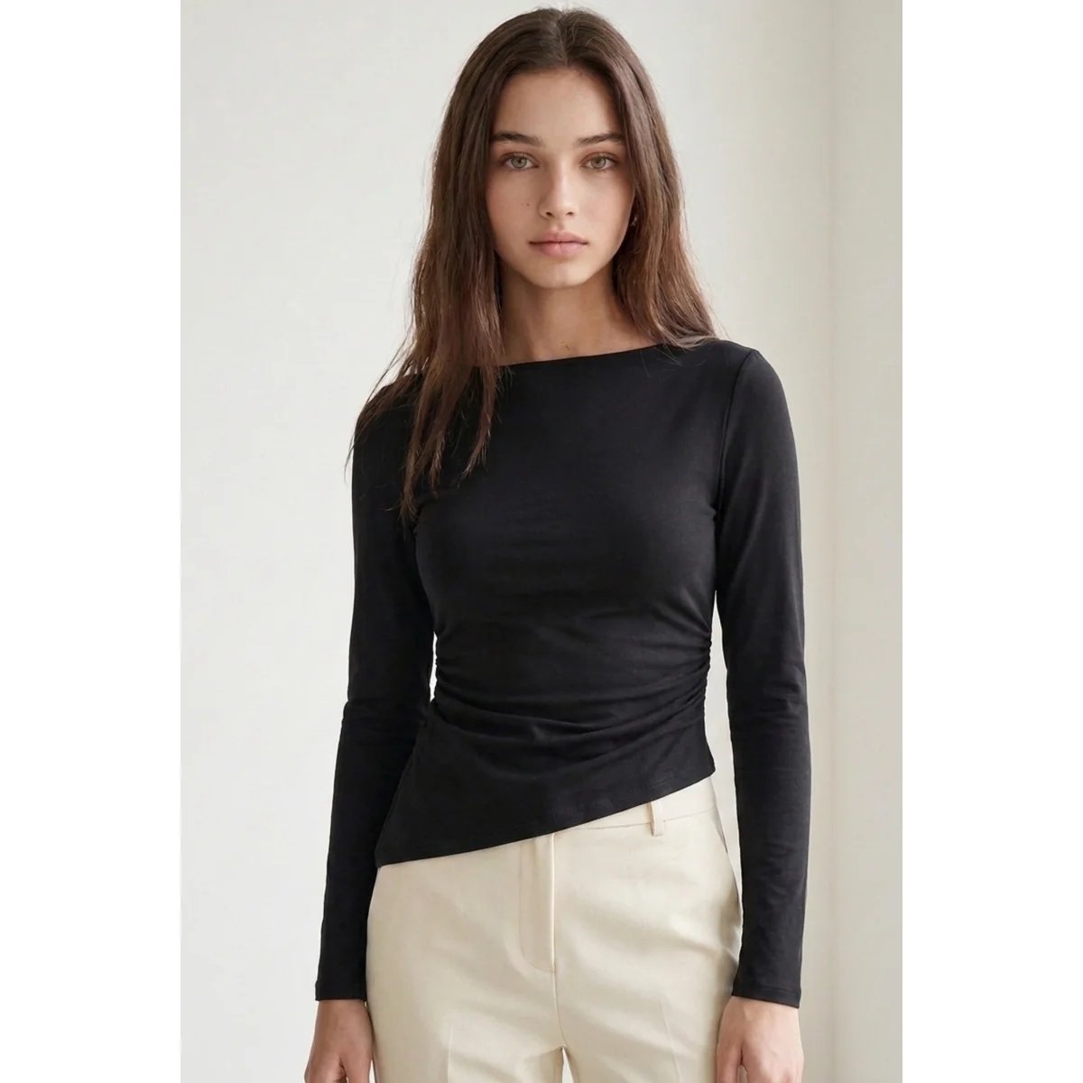 Blusa Manga Larga con Cuello Bote y Fruncido Lateral para Mujer