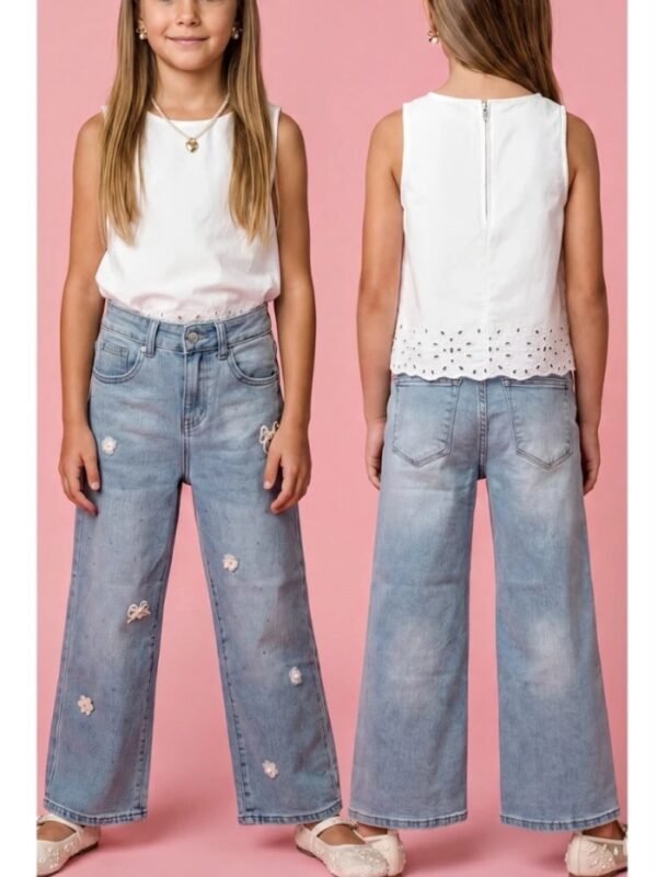 Pantalon Straight de Mezclilla con Flores para Niña