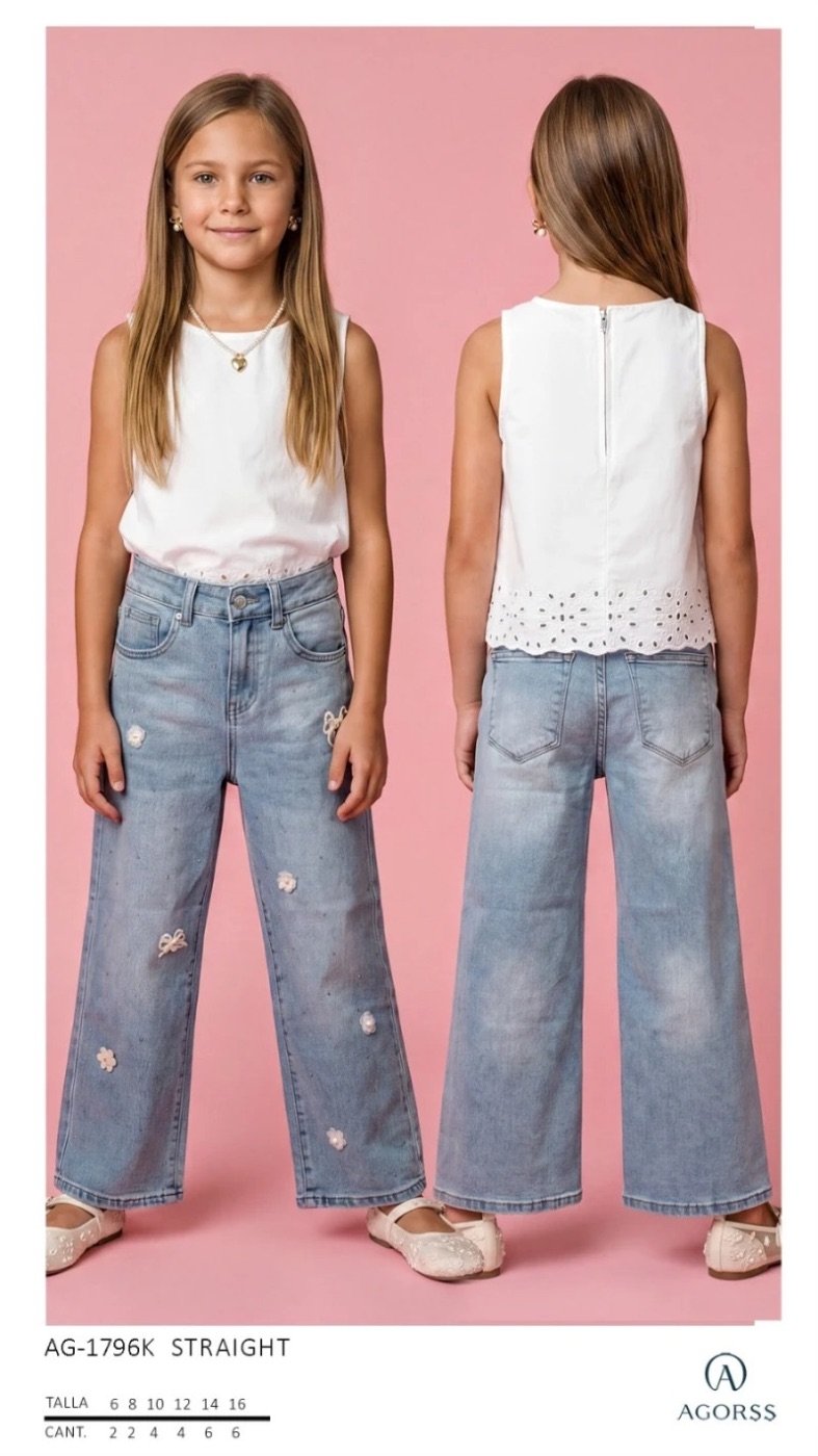 Pantalon Straight de Mezclilla con Flores para Niña