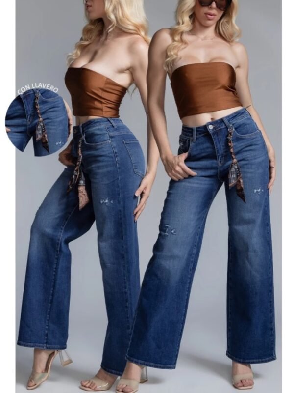 Pantalon Wide Leg de Mezclilla Azul con Accesorio para Mujer