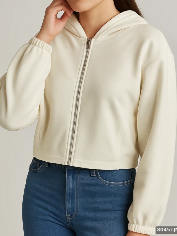 Sudadera Cropped con Capucha y Cierre para Mujer Color Crema