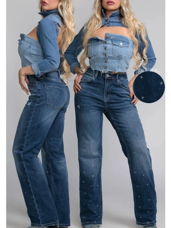 Pantalon Straight Fit de Mezclilla Azul con Estrellas para Mujer