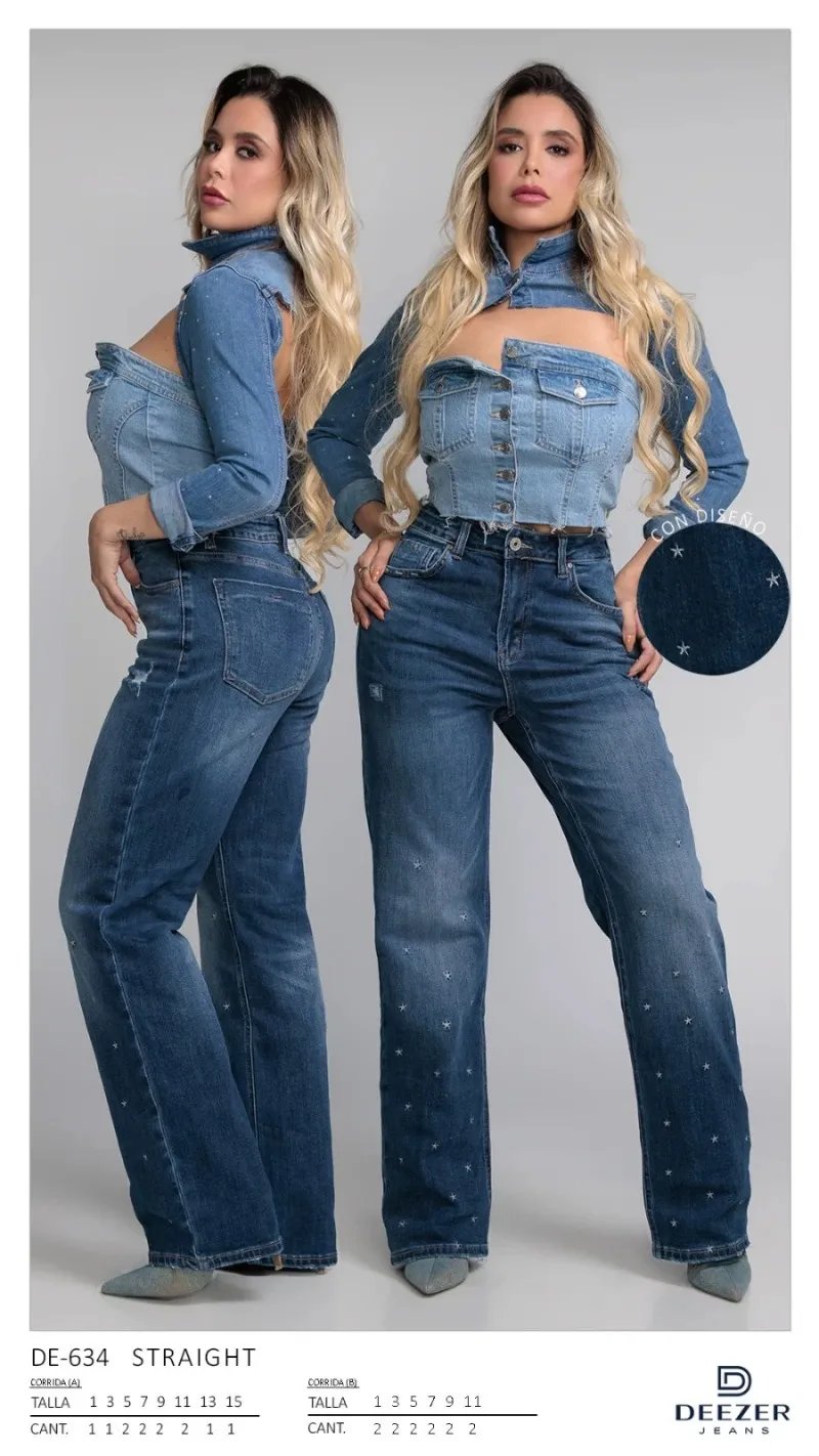 Pantalon Straight Fit de Mezclilla Azul con Estrellas para Mujer