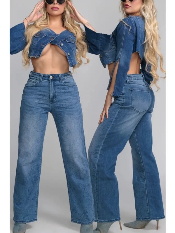 Pantalon Wide Leg Estampado Paisley en Mezclilla Azul para Mujer