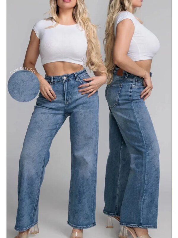 Pantalon Wide Leg Marine de Mezclilla con Diseño para Mujer