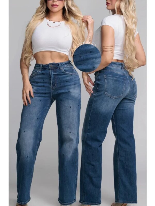 Jeans Wide Leg con Diseño de Puntos para Mujer Tiro Alto