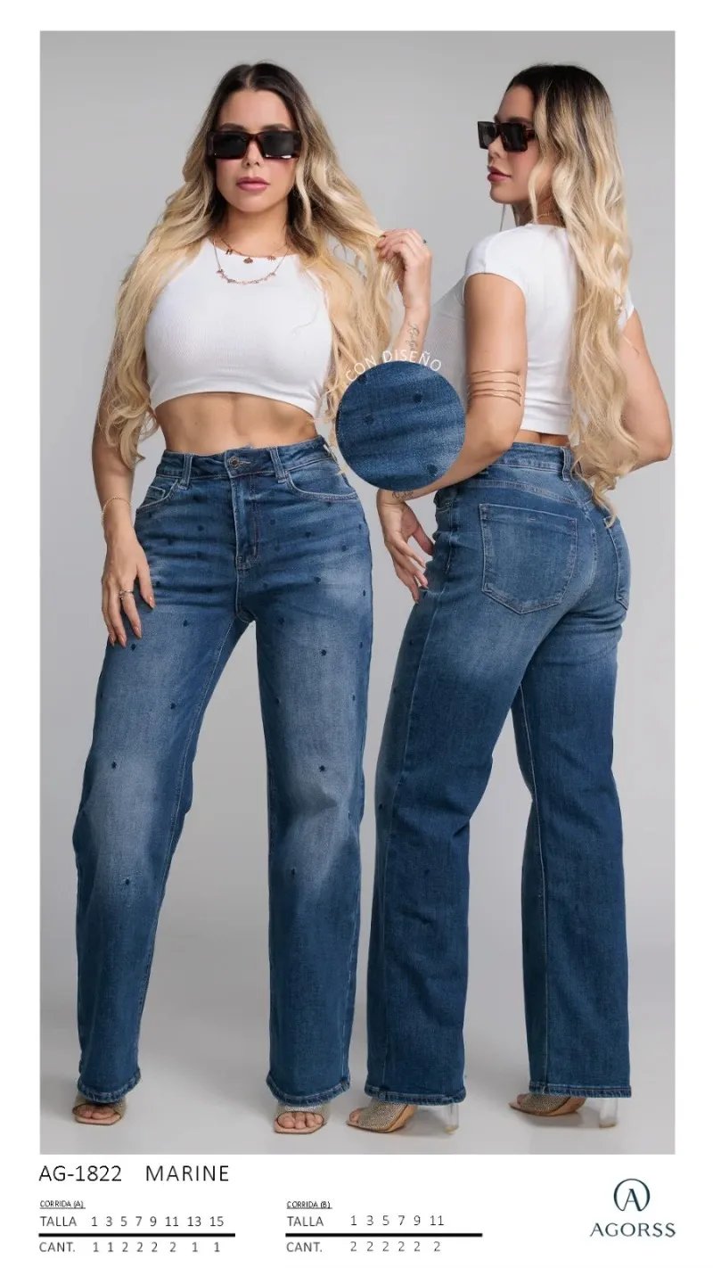 Jeans Wide Leg con Diseño de Puntos para Mujer Tiro Alto