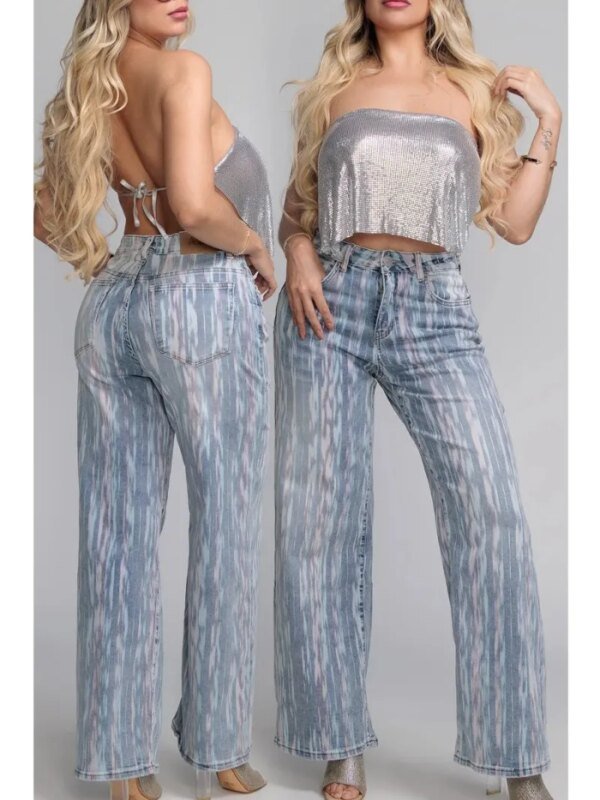 Pantalon Wide Leg de Mezclilla Tie Dye con Corte Alto para Mujer