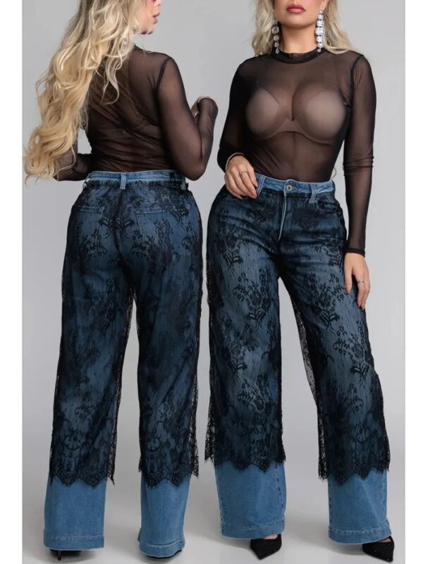 Pantalón Wide Leg de Mezclilla con Encaje Floral para Mujer