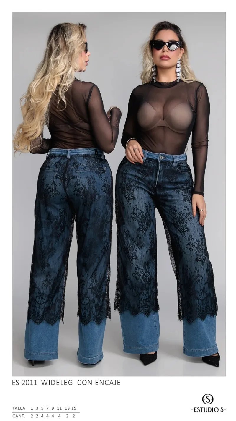 Pantalón Wide Leg de Mezclilla con Encaje Floral para Mujer