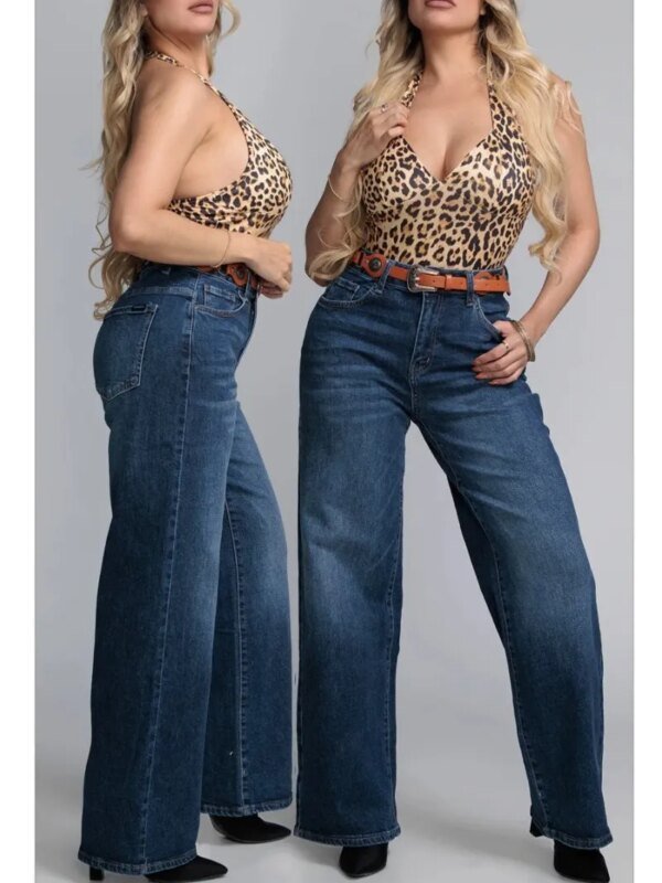 Pantalon Wide Leg de Mezclilla Con Cinto Para Mujer