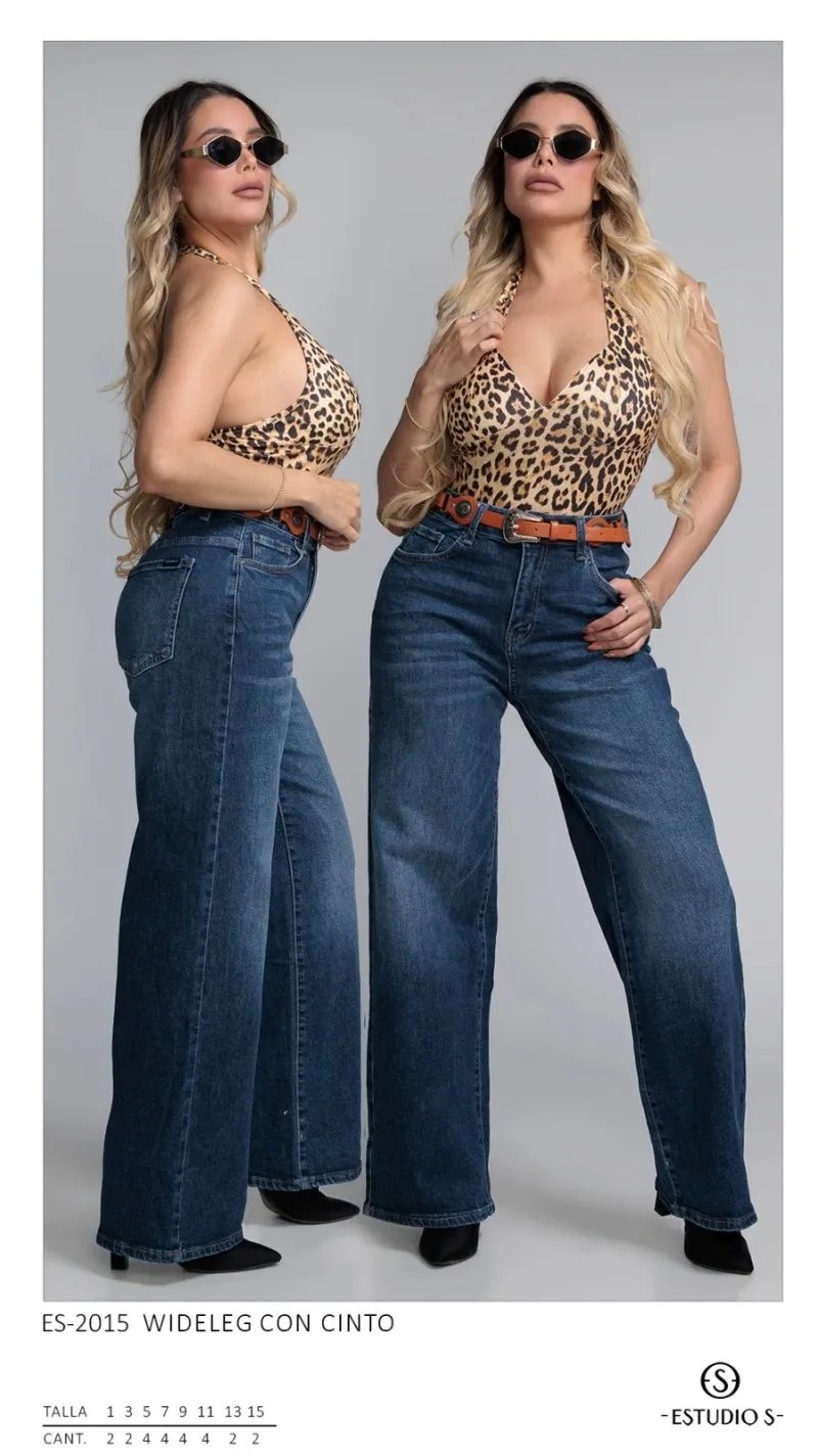 Pantalon Wide Leg de Mezclilla Con Cinto Para Mujer