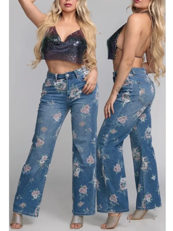 Jeans Floreados Wide Leg de Tiro Alto para Mujer Estilo Boho