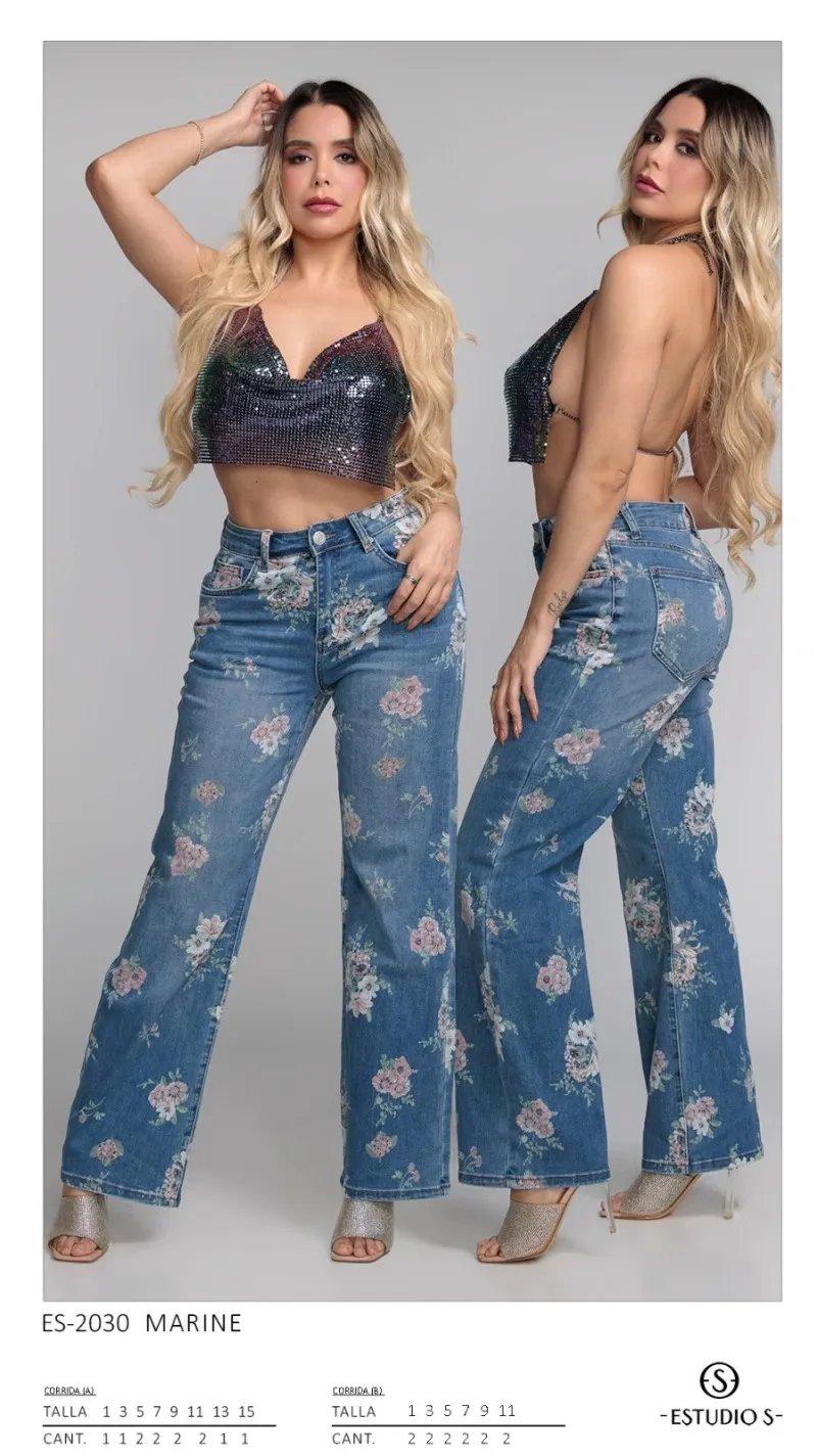 Jeans Floreados Wide Leg de Tiro Alto para Mujer Estilo Boho