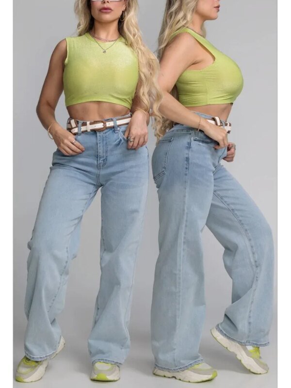 Pantalon Wide Leg de Mezclilla Clara con Cinto para Mujer