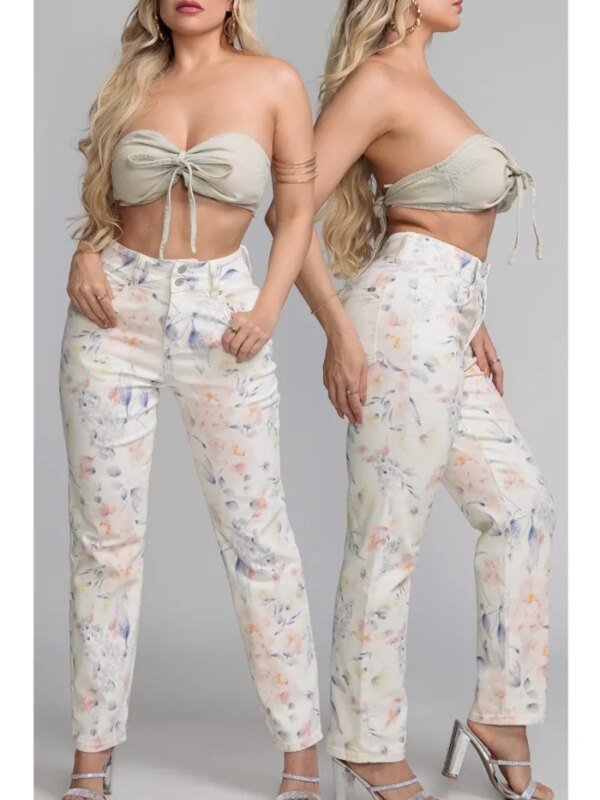 Pantalon Straight Fit Estampado Floral Acuarela de Jean para Mujer
