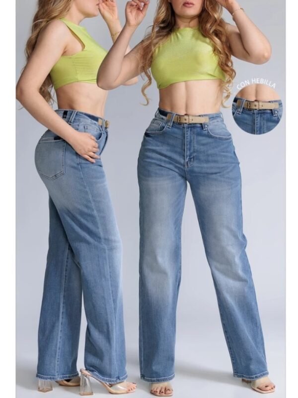 Pantalon Wide Leg de Mezclilla Azul con Cinturon para Mujer