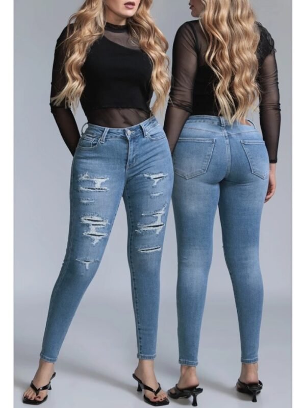 Pantalon Skinny de Mezclilla Azul con Roturas para Mujer