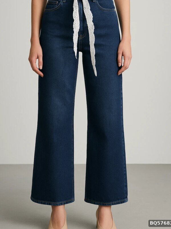 Pantalon Wide Leg de Mezclilla Azul Obscuro con Cinto de Encaje para Mujer