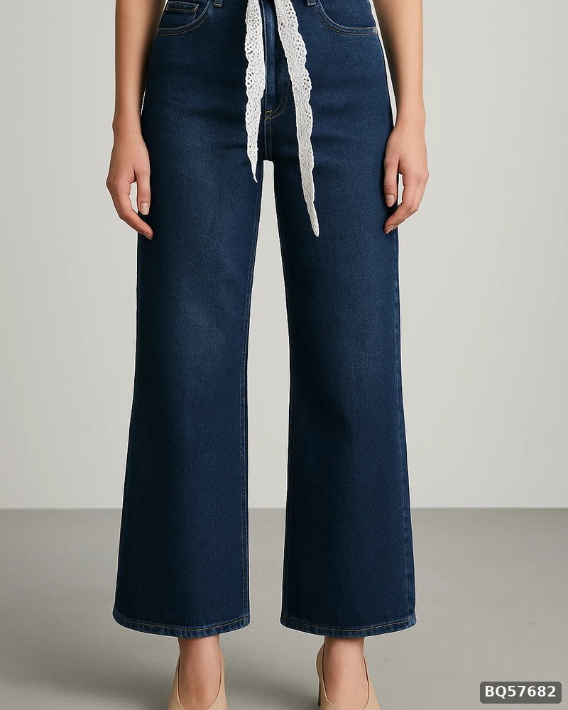 Pantalon Wide Leg de Mezclilla Azul Obscuro con Cinto de Encaje para Mujer