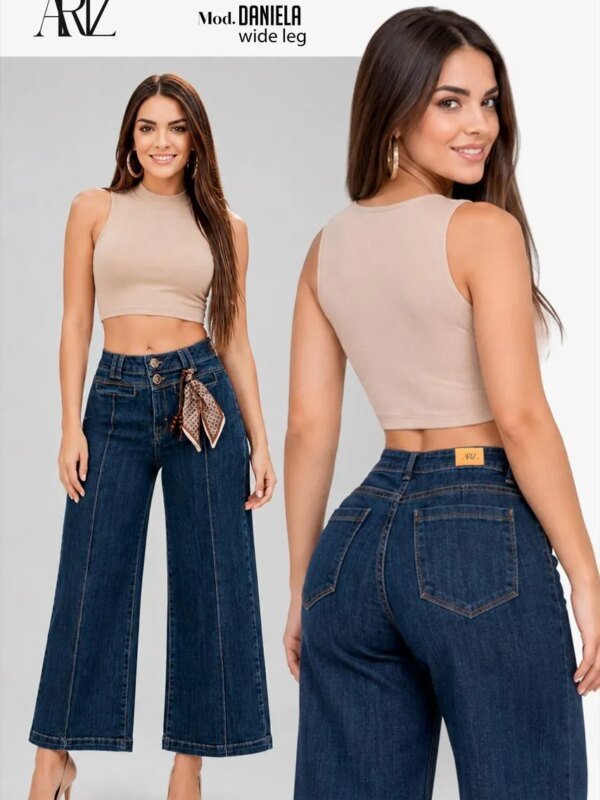 Pantalón Wide Leg Petite de Mezclilla Oscura Tiro Alto para Mujer