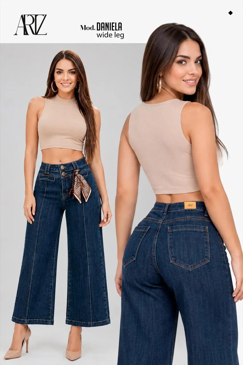 Pantalón Wide Leg Petite de Mezclilla Oscura Tiro Alto para Mujer