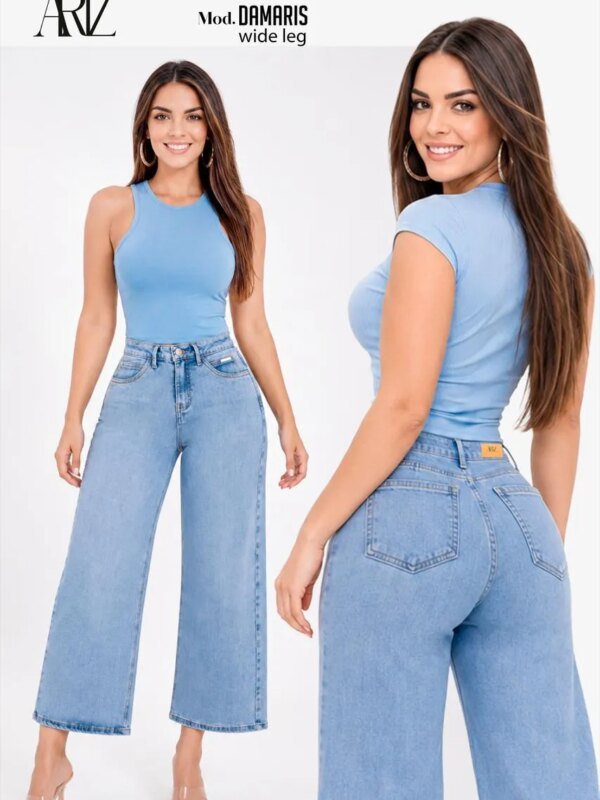 Pantalón Wide Leg Petite de Mezclilla Clara de Tiro Alto para Mujer