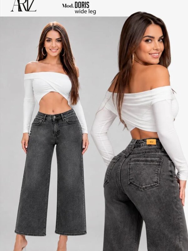 Pantalon Wide Leg de Mezclilla Gris Oscuro Tiro Alto para Mujer