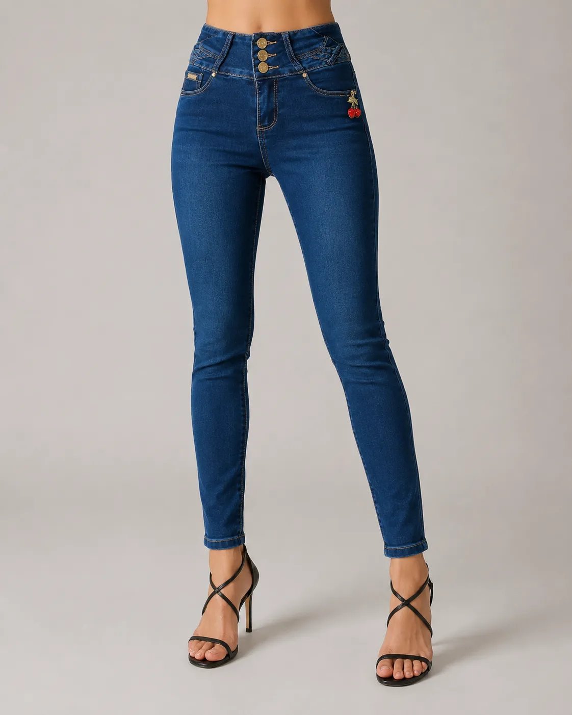 Jeans Colombianos Skinny Tiro Alto Con Detalles Dorados Para Mujer