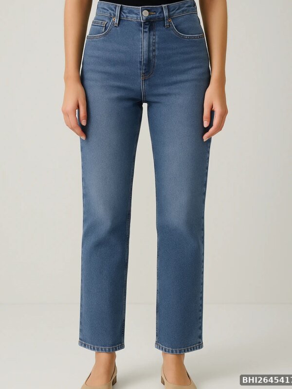 Jeans Straight Fit de Tiro Alto en Mezclilla Azul Media para Mujer