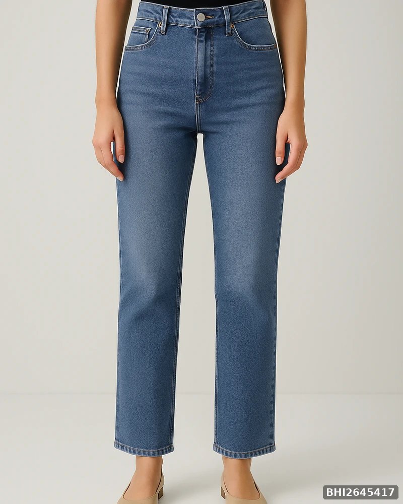 Jeans Straight Fit de Tiro Alto en Mezclilla Azul Media para Mujer
