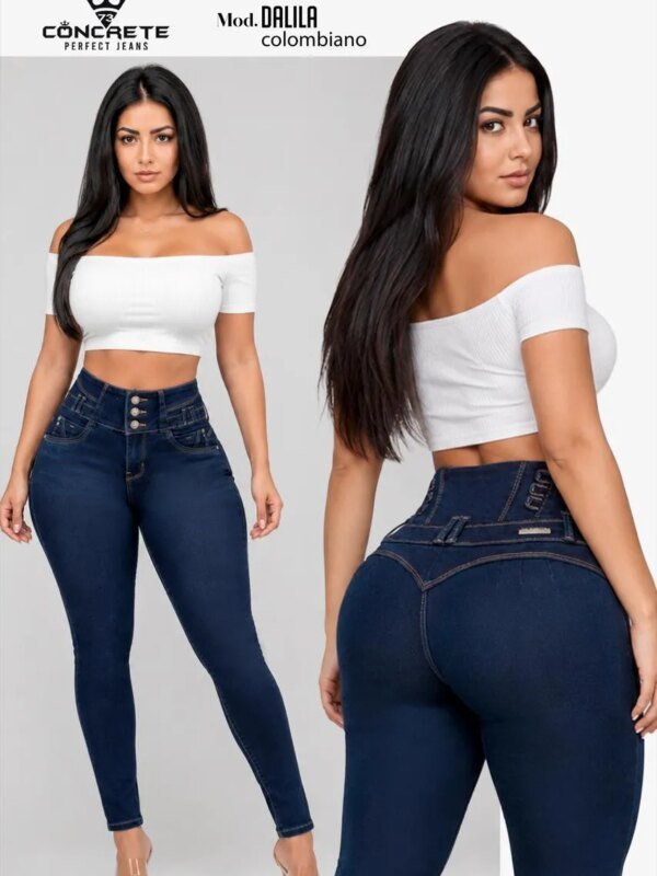 Pantalon Colombiano Levanta Cola de Mezclilla Oscura Tiro Alto para Mujer