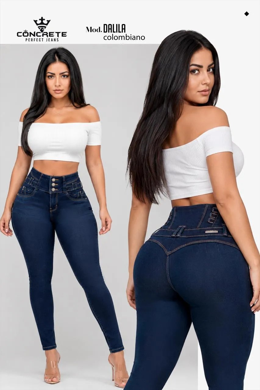 Pantalon Colombiano Levanta Cola de Mezclilla Oscura Tiro Alto para Mujer
