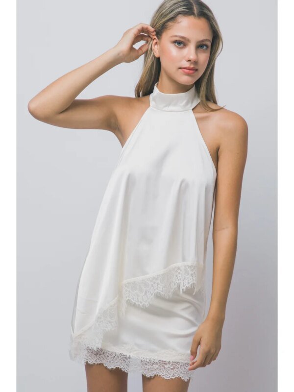 Blusa Halter Cuello Alto con Encaje Color Marfil para Mujer