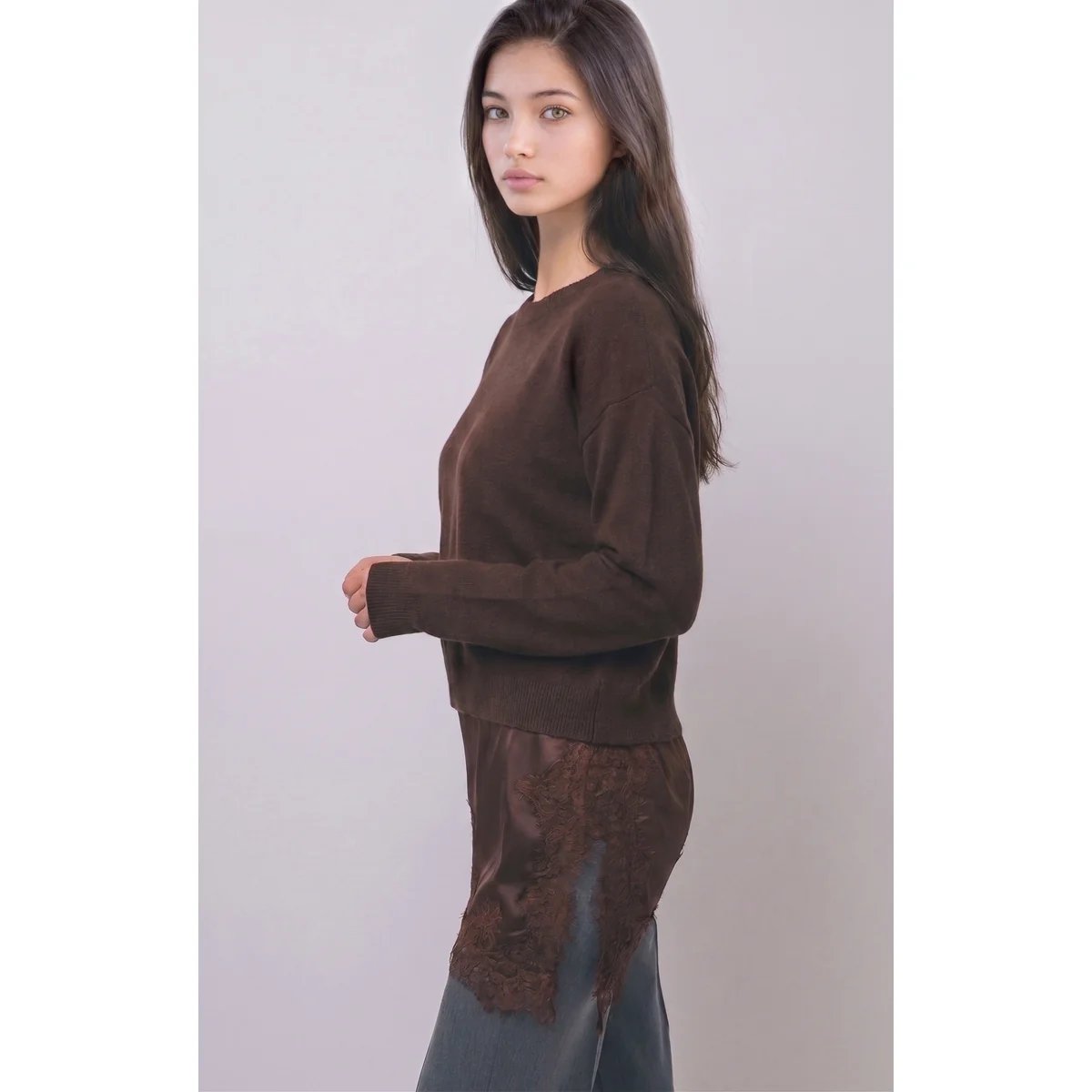 Suéter Verde con Encaje y Satén Asimétrico Elegante para Mujer - vista 13
