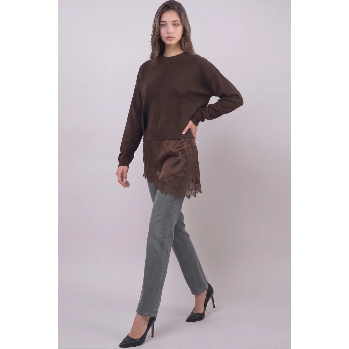 Suéter Verde con Encaje y Satén Asimétrico Elegante para Mujer - vista 15