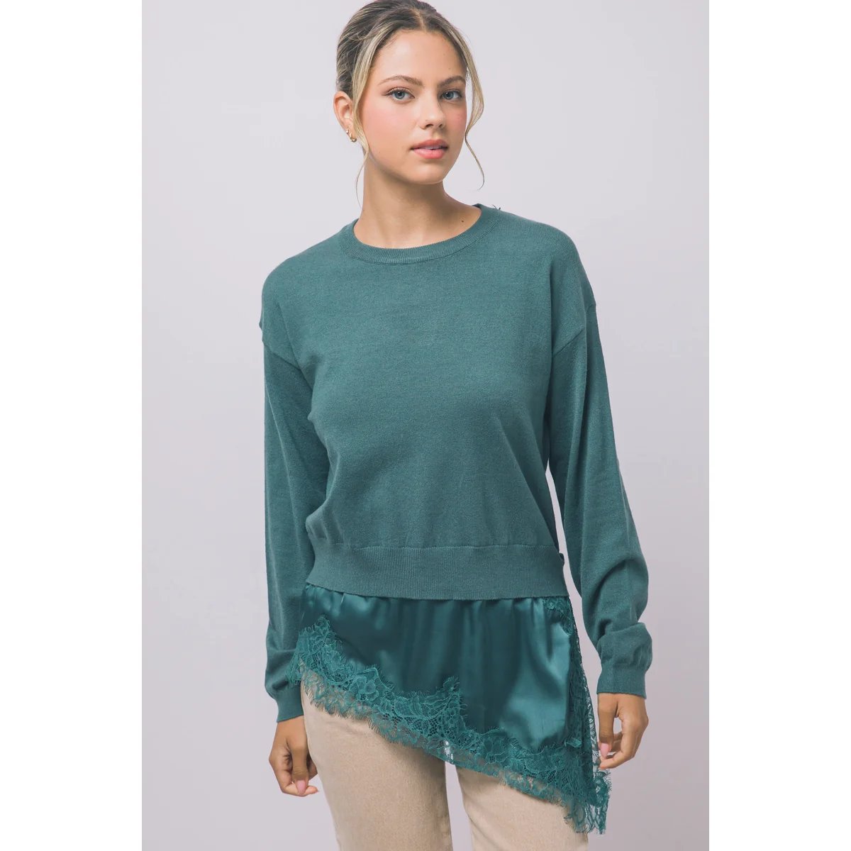 Suéter Verde con Encaje y Satén Asimétrico Elegante para Mujer - vista 31