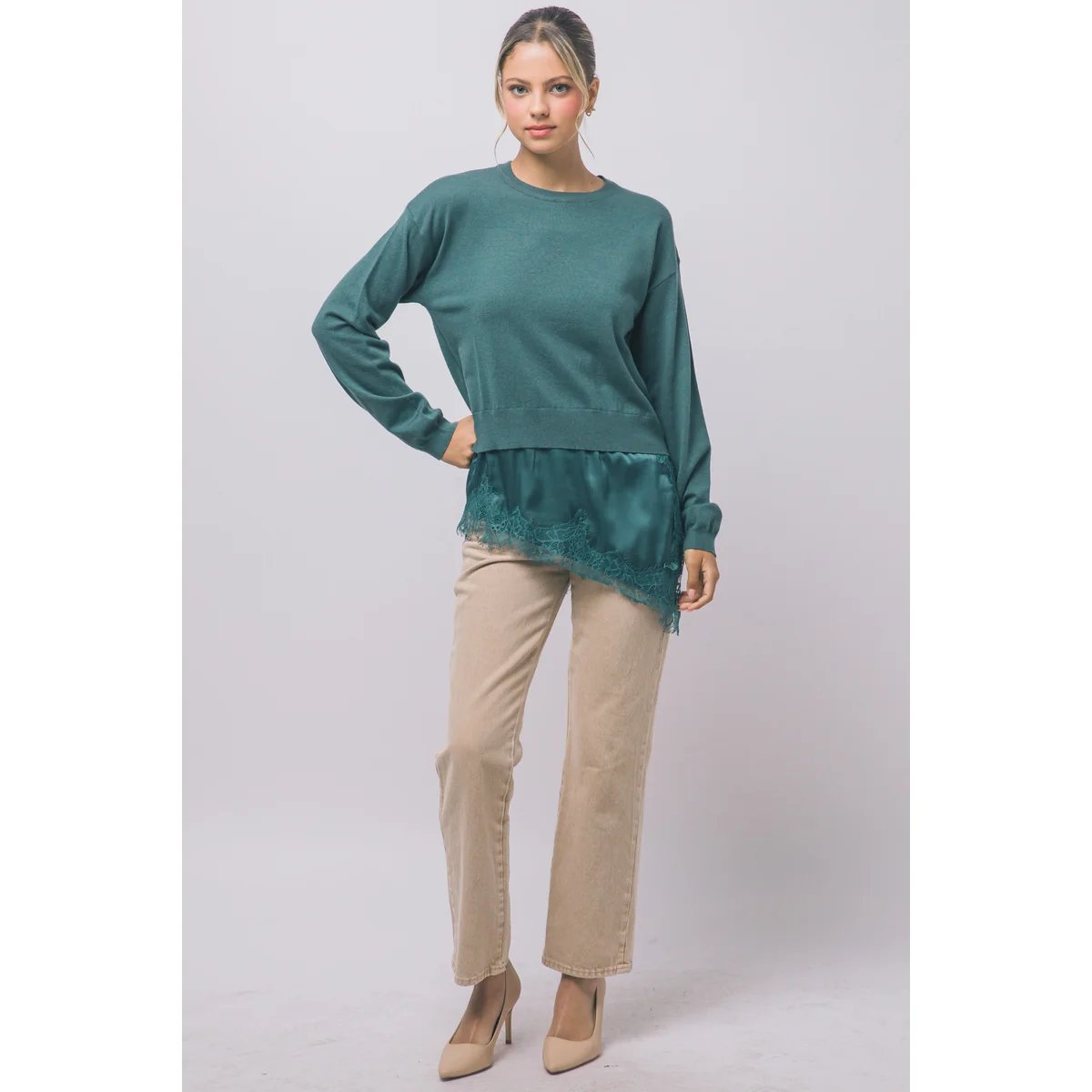 Suéter Verde con Encaje y Satén Asimétrico Elegante para Mujer - vista 34