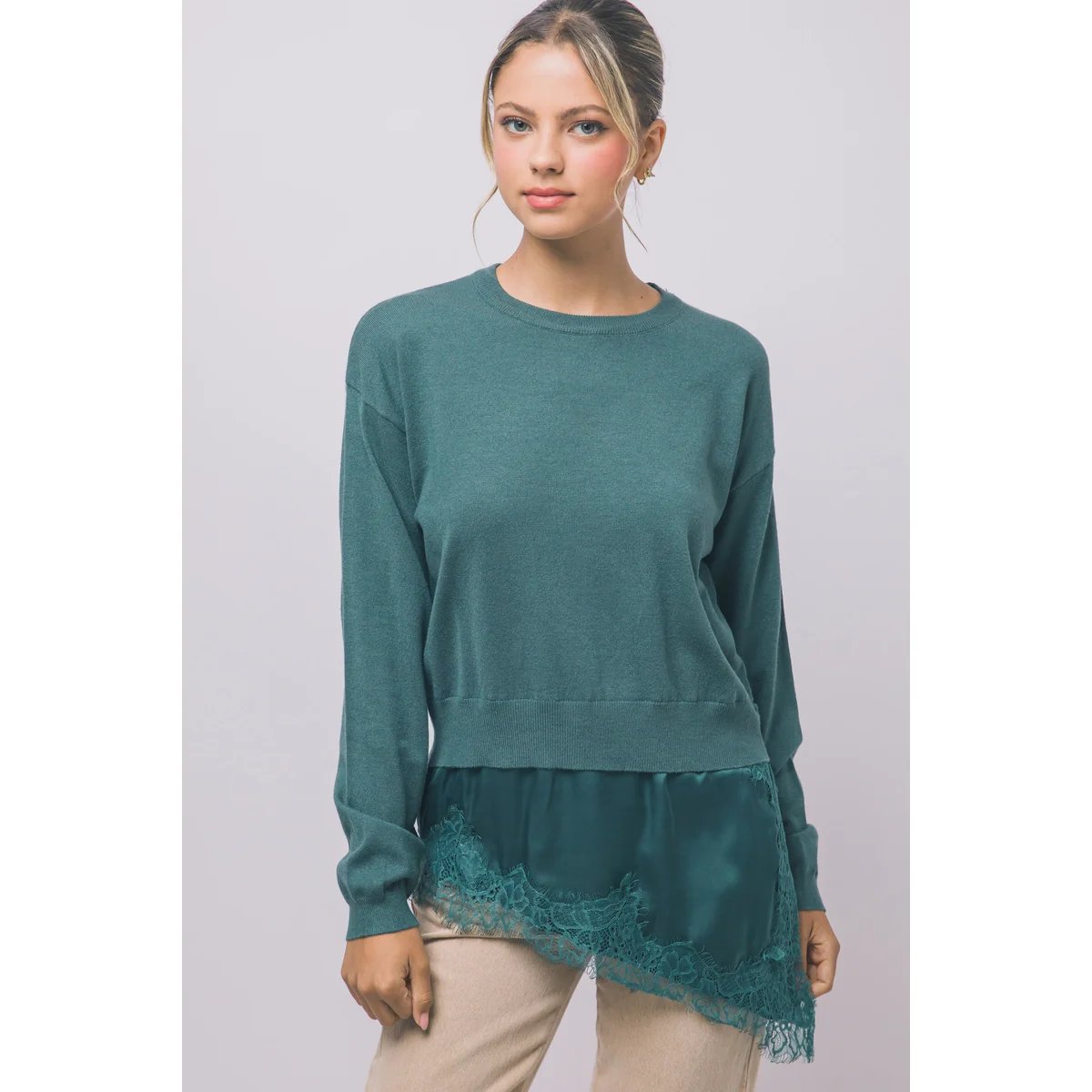 Suéter Verde con Encaje y Satén Asimétrico Elegante para Mujer - vista 35