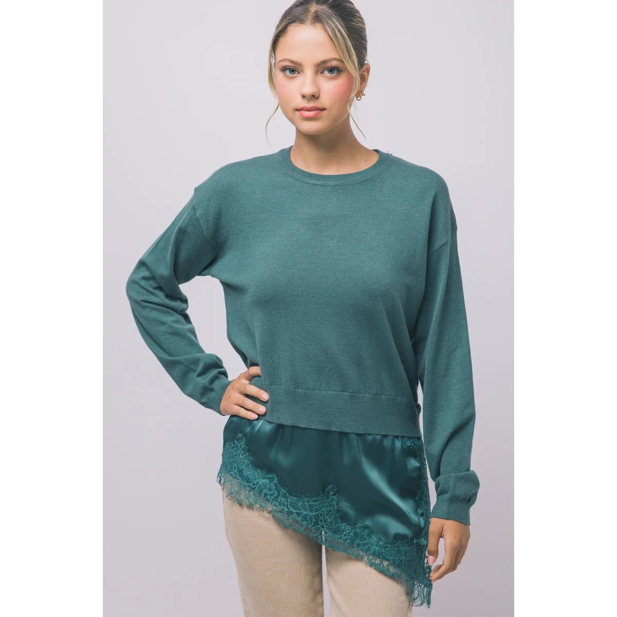 Suéter Verde con Encaje y Satén Asimétrico Elegante para Mujer - vista 36