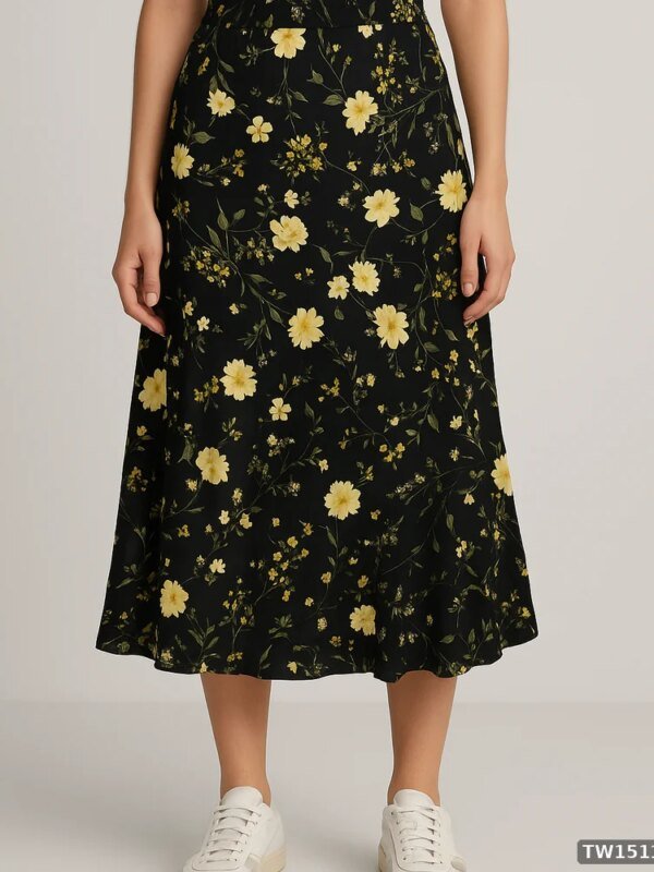 Falda Midi Floral Negra con Flores Amarillas Estilo Bohemio para Mujer
