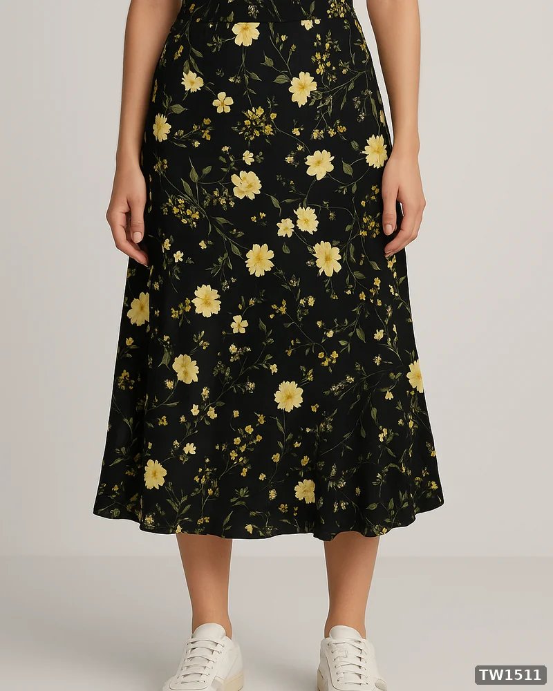 Falda Midi Floral Negra con Flores Amarillas Estilo Bohemio para Mujer
